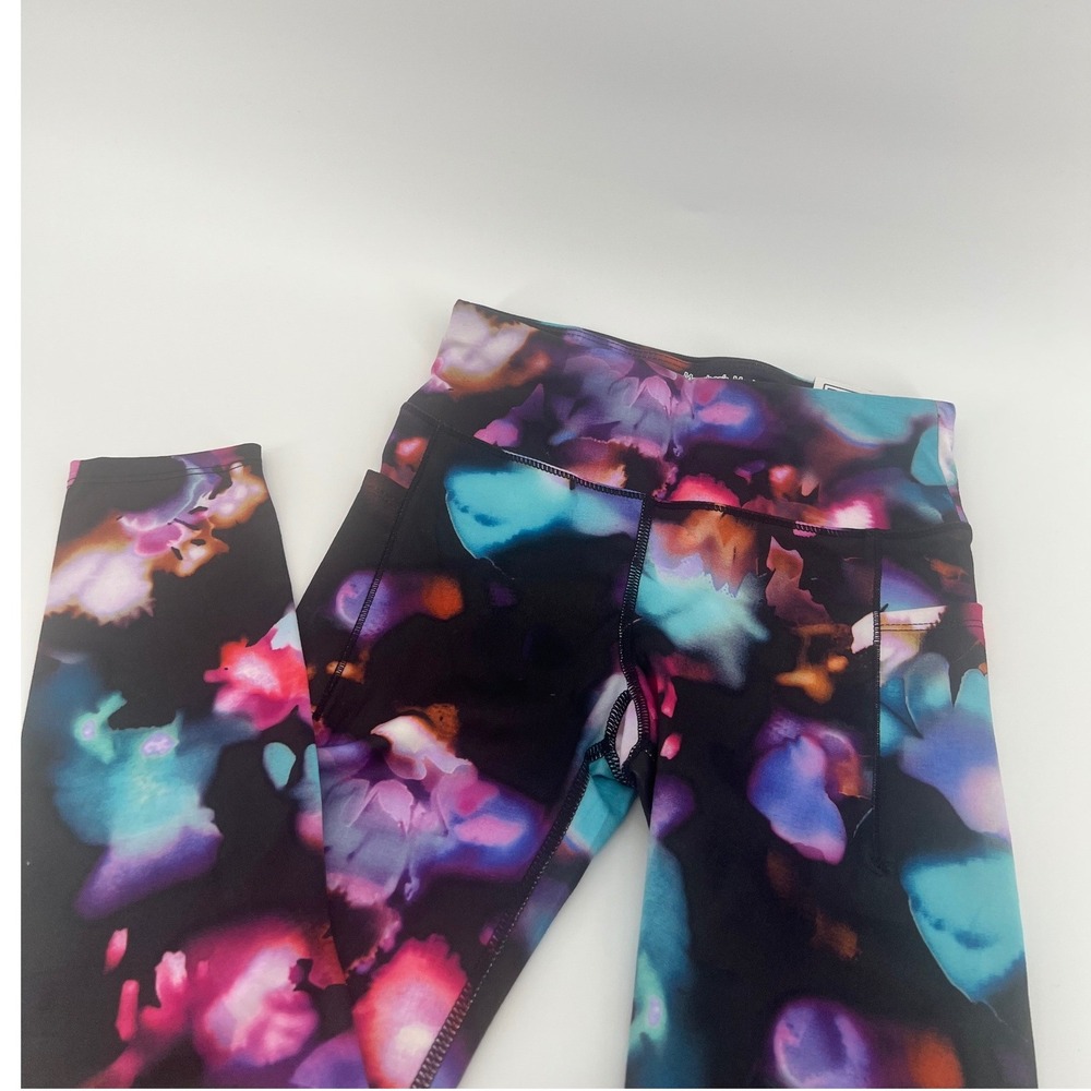 Member's Mark Girls Active Leggings Purple Floral Watercolor Pockets M 7/8 NEW
